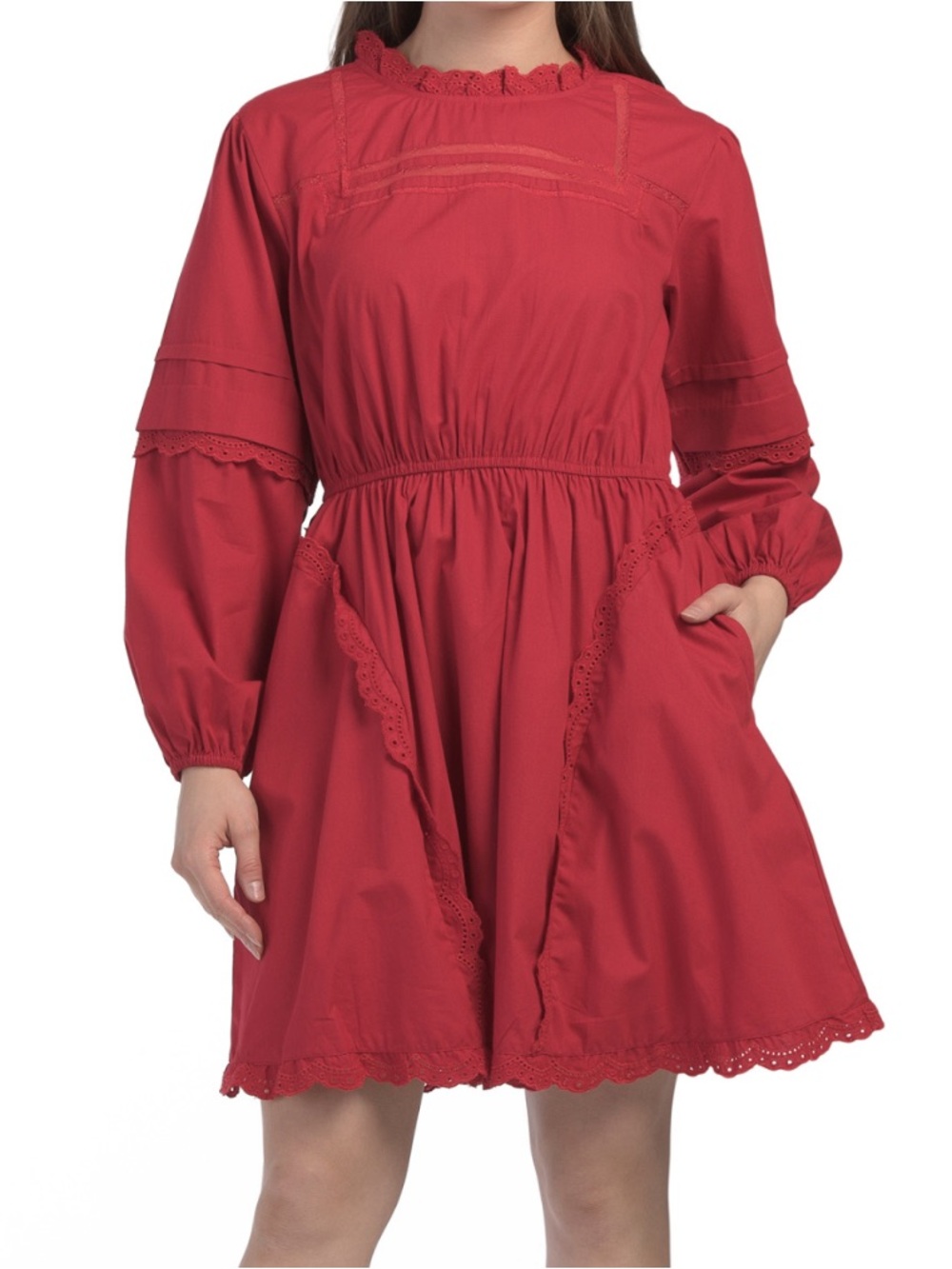Lea Womens Red Lace-Trim Long Sleeve Mini Dress